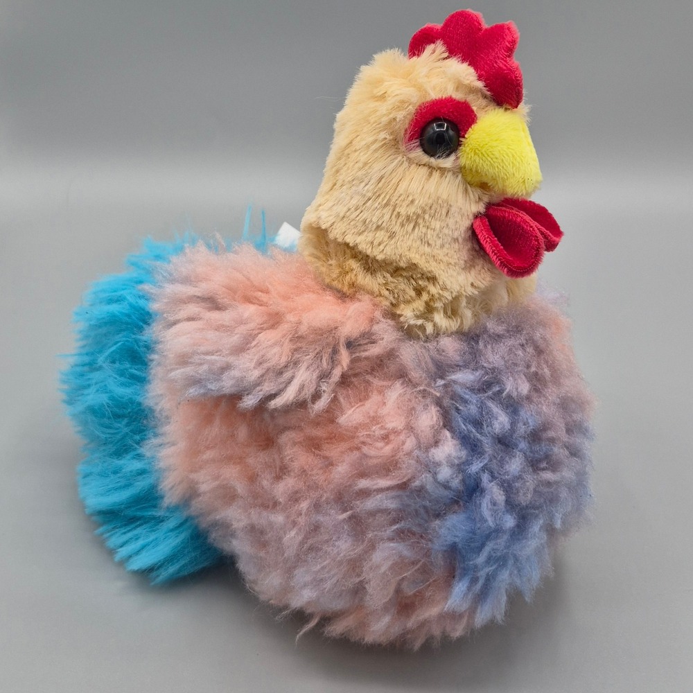 Pastel Multicolor Shaggy Chicken Rooster Plush Stuffed Animal Farm Toy 6 inch